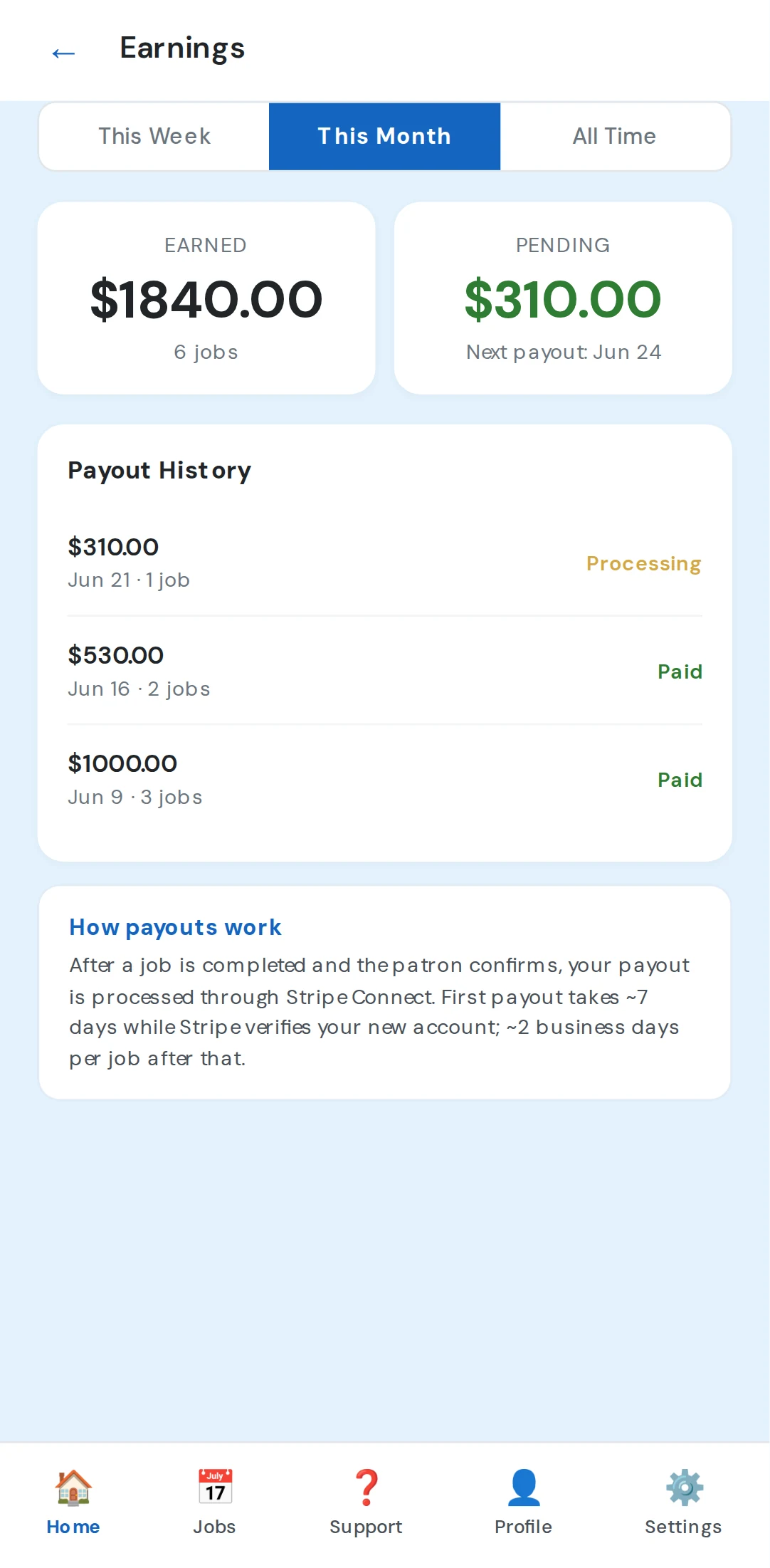 Earnings dashboard showing earned, pending, and payout history
