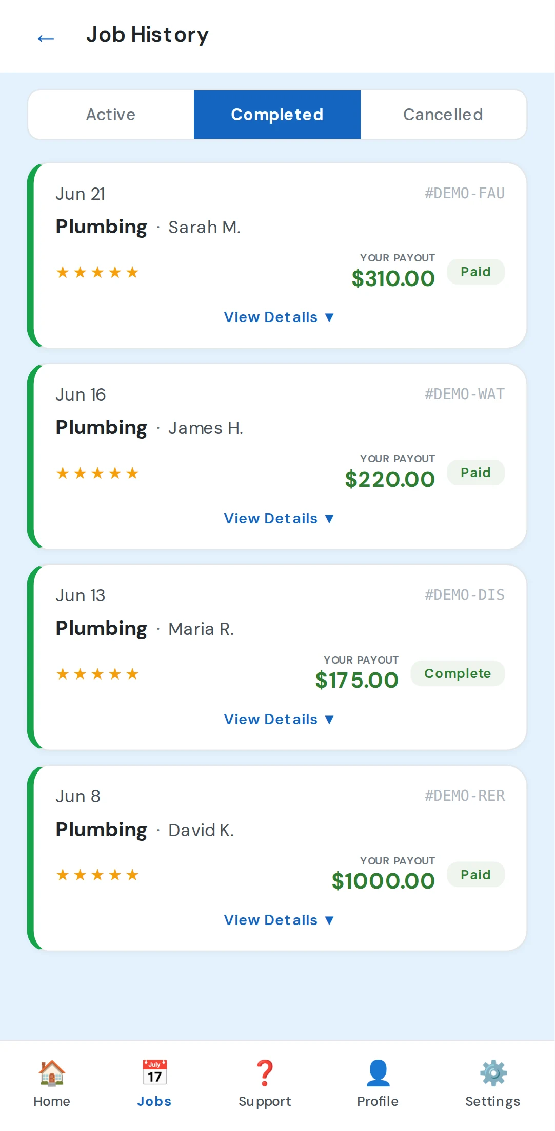 Job History screen - every completed job with payout and rating