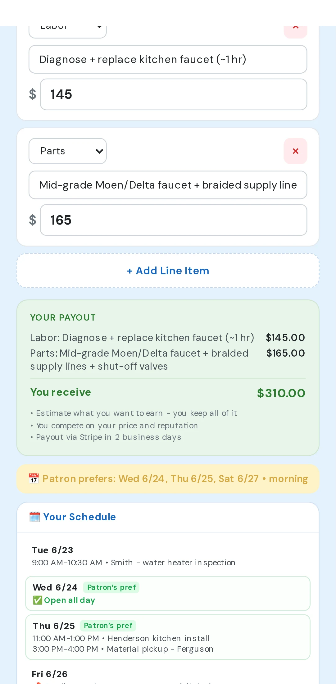 Quote builder showing your payout