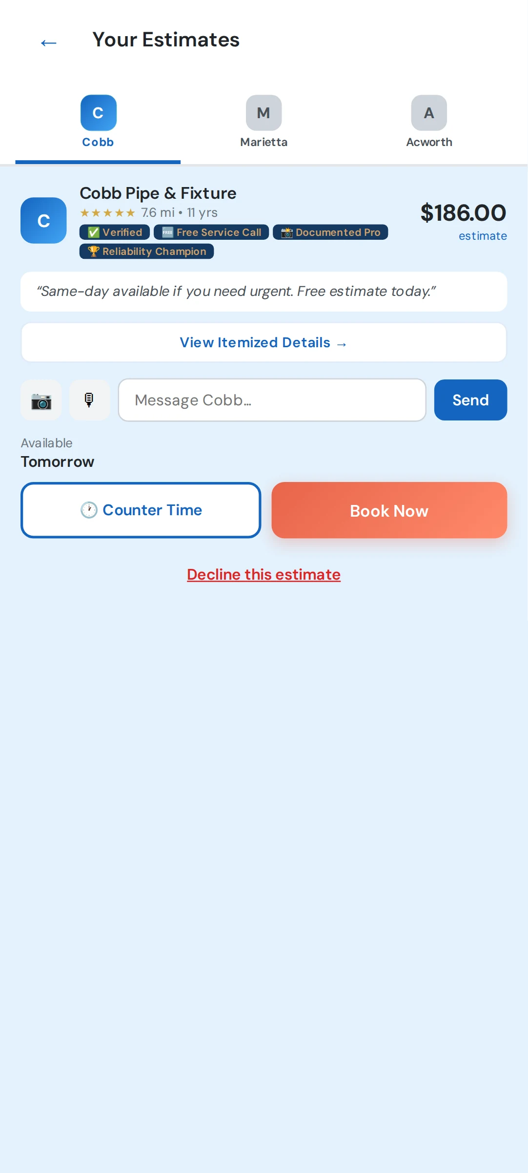 Comparing itemized estimates from pros