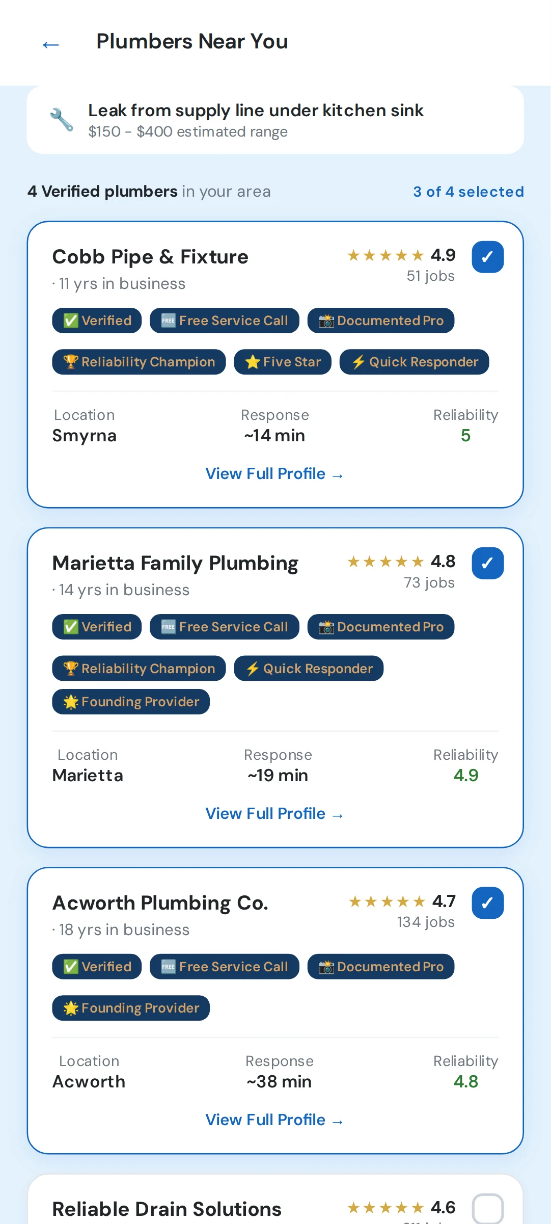 Matched list of verified plumbers nearby