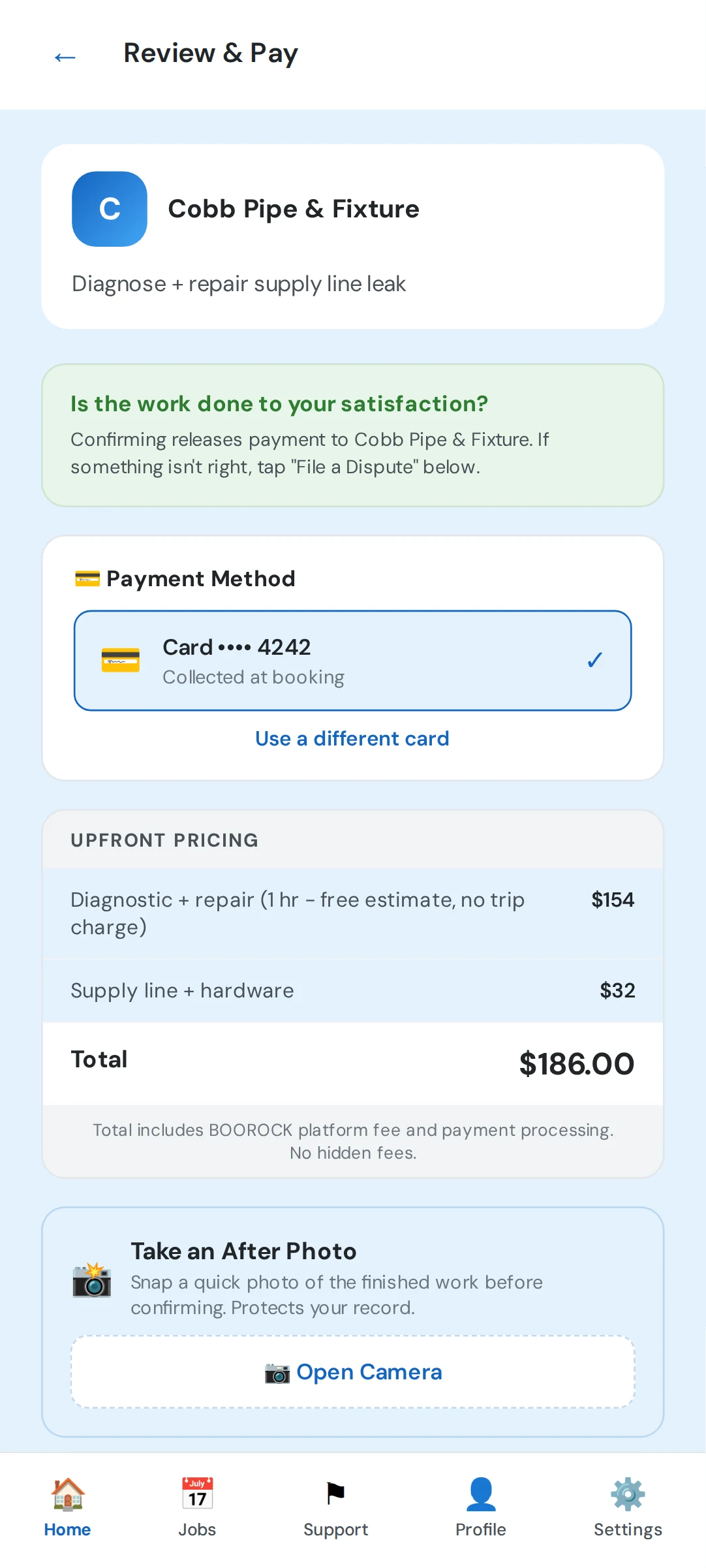 Review and pay screen with itemized total and no surprise fees