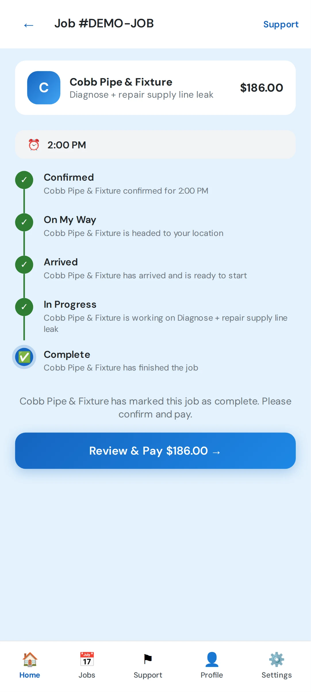 Day-of job tracking with documented stages